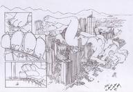 breasts drawing giantess nude furry city monochrome destruction handheld butt_crush building_sex lying_down foot_crush belly thighs fox_girl scream_(artist)