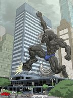 drawing furry city color destruction giant climbing angry horse muscles cock_bulge climbing_building looking_at_victims xbulmonsama
