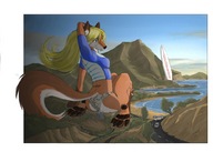 drawing giantess furry tail mega blonde color blue_eyes beach barefoot sitting bus airplane foot_print vehicles fox_girl paw_pads