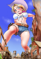 drawing giantess blushing blonde color blue_eyes gun cowgirl belly shorts point_of_view wild_west cowboy_hat yabataso ellie_winslet 矢端想