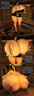 breasts growth giantess comic black_hair long_hair huge_breasts breast_crush brunette breast_expansion story chains dialogue nipple_piercing digital_render hookah