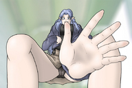 drawing upskirt blue_eyes anime blue_hair smiling camel_toe squatting naigo reaching thighs point_of_view looking_at_viewer pointed_ears caster