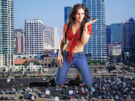 collage city handheld cleavage buildings brunette wonderslug kneeling belly vehicles sky parking_lot vehicle_crush parul_yadav