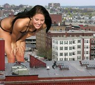 giantess collage small_man buildings brunette scared unknown_artist rooftop looking_at_tiny