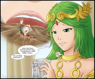 giantess vore manga anime green_eyes green_hair nintendo drink unaware shrunken_woman video_game coffee jora-bora viridi palutena kid_icarus