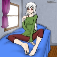 drawing gentle white_hair blushing color barefoot bed red_eyes shrunken_man bedroom jj-psychotic joethevenezuelan apeiron-macro