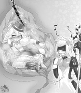 drawing monochrome wet shrunken_woman inside_view blindfold watermark memento_mori monocle blindfolds