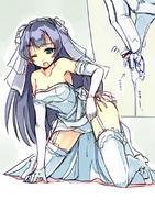 drawing giantess panties masturbation color cum seo_tatsuya purple_hair blue_hair shoes gloves wedding_dress dangle japanese_text thighhighs