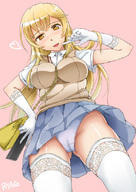drawing panties blushing upskirt blonde color large_breasts brown_eyes gloves uniform point_of_view thigh_highs looking_at_viewer remote_control to_aru_kagaku_no_railgun shokuhou_misaki rsag