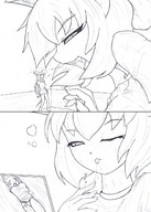 drawing vore blushing manga monochrome tongue cleavage saliva smiling unknown_artist fangs open_mouth cat_girl mouse_girl looking_at_tiny
