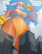 drawing gentle furry anthro city mega alien color buildings ducky pink_hair tights point_of_view salute gibberish gauntlets