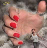 collage open_mouth smoke screaming red_nails rings running_away debris