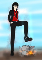 drawing giantess black_hair color buildings red_eyes shoes blood foot_crush explosion tie suit yamumil dana i_dont_want_this_kind_of_hero