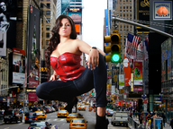 breasts giantess collage city mega traffic buildings brunette kneeling streets vehicles looking_at_viewer new_york_city squeezemeflat times_square