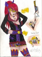 drawing blonde embarrassed red_hair ponytail shrunken_men pigtails shrunken_woman shrunken_man looking_down between_breasts