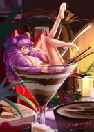 nude long_hair glasses purple_hair purple_eyes food cup flat_chest patchouli_knowledge in_food drill_hair in_container saber_01 alternate_hairstyle bespectacled crescent double_bun food_insertion in_cup object_insertion