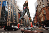 giantess collage high_heels low_angle red_hair unknown_artist looking_down streets vehicles looking_at_viewer between_buildings street_view