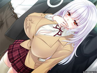 drawing white_hair blushing color cleavage huge_breasts shrunken_men uniform nylons shrunken_man game entrapment orange_eyes miniskirt mbs_truth