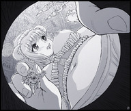 breasts nipples karbo nude vore blushing horns monochrome handheld succubus shrunken_people maid_uniform point_of_view
