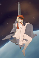 drawing giantess blonde space toes barefoot cleavage soles anime yellow_eyes unknown_artist sitting collar thighs ankles space_station