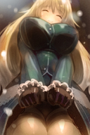 drawing panties blushing upskirt blonde long_hair anime smiling point_of_view thigh_highs