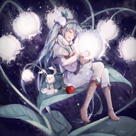 drawing hatsune_miku sitting shrunken_woman leaf flowers