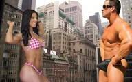 breasts collage city swimsuit buildings brunette couple unknown_artist muscles belly lipstick thighs cock_bulge eva_andress