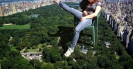 giantess collage city long_hair clothed red_hair sitting outdoors central_park giant_furniture