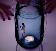 hand shrunken_woman captured jar candle looking_at_tiny digital_render flagg3d