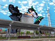 giantess city long_hair skirt outdoors bow hair_bow utsuho_reiuji mech pacific_rim gipsy_danger digital_render arm_wrestling