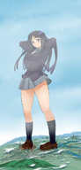 drawing panties city mega black_hair color destruction shoes socks k-on! foot_crush uniform mountains river sky source_needed miniskirt mio_akiyama