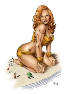 drawing mega color long_hair beach giganta red_hair ankle_bracelet umbrella bracelet source_needed leopard_print dc_comics sitting_on_knees foust