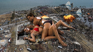 breasts giantess collage mega butt swimsuit destruction barefoot water brunette military unknown_artist lesbians jets giantesses waterfront downward_angle debris