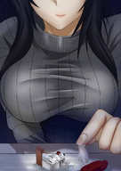 drawing gentle giantess sleeping black_hair color long_hair clothed huge_breasts brunette short_hair office looking_down desk sweater blanket sofa rooftop mejiro メジロ