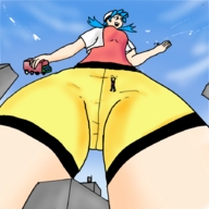 drawing giantess pokemon buildings low_angle sky truck point_of_view hanging_on