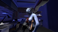 breasts alien red_hair blue_skin lesbians shrunken_woman indoors digital_render mass_effect liara asari femshep between_breasts