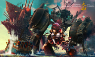 drawing giantess water ocean brunette ponytail outdoors ships mechs