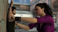 black_hair short_hair mini_giantess pinned outdoors curly_hair alleyway digital_render