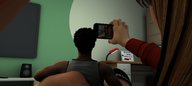 long_hair handheld brunette shrunken_men shrunken_man indoors digital_render selfie