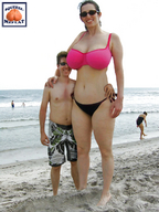collage small_man size_difference swimsuit beach ocean amazon sunglasses sand photograph looking_at_viewer squeezemeflat waterfront