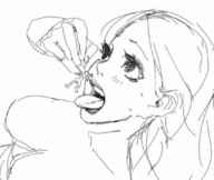 drawing nude vore blushing monochrome tongue sweat shrunken_men shrunken_man sketch open_mouth dangle source_needed