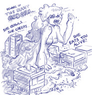 drawing nude vore city monochrome destruction rampage eating open_mouth outdoors dialogue slime_girl