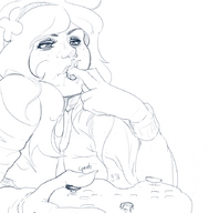 drawing vore monochrome long_hair saliva inside_mouth shrunken_person between_lips video_games game_controller vivian_james