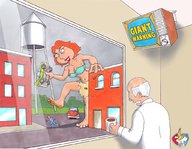 breasts drawing giantess mega color handheld barefoot rampage skirt buildings red_hair short_hair cruel vehicles outdoors milf tv top ripped_clothing lois_griffin imminent_crush water_tower