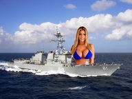 breasts giantess collage blonde swimsuit cleavage ocean military clouds sky bikini_top looking_at_viewer navy_ship destroyer zed782