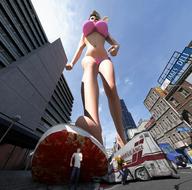 giantess city swimsuit buildings blood low_angle gore streets sky under_foot point_of_view commission street_view liz redfiredog digital_render