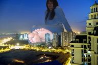 collage city mega barefoot buildings soles brunette unknown_artist sitting night city_lights