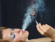 finger domination shrunken_men hand shrunken_man cage smoke cigarette eye_makeup looking_at_tiny smoke_slave blowing_smoke