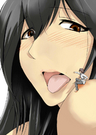 drawing blushing black_hair color long_hair brunette short_hair shrunken_man looking_down open_mouth on_shoulder mejiro