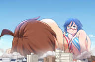drawing giantess city color destruction barefoot glasses blue_hair brunette lying_down bbw giantesses voluptuous striped_underwear みとん miton